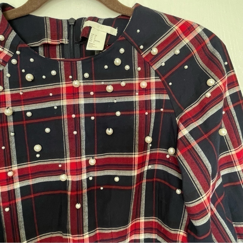 H&M Pearl Tartan Plaid Peplum Long Sleeves Too, 100% cotton Women’s size 2 - Picture 7 of 12